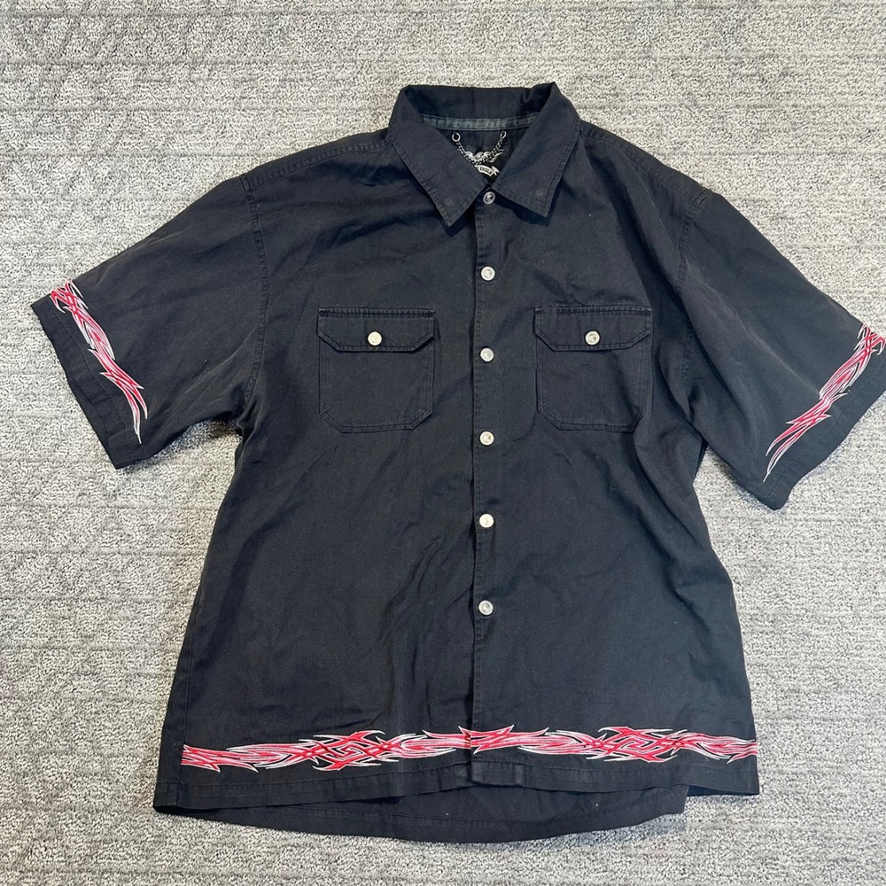 Chrome Eagle Men Black Short Sleeve Button Up Shirt Flame Graphic XL‎